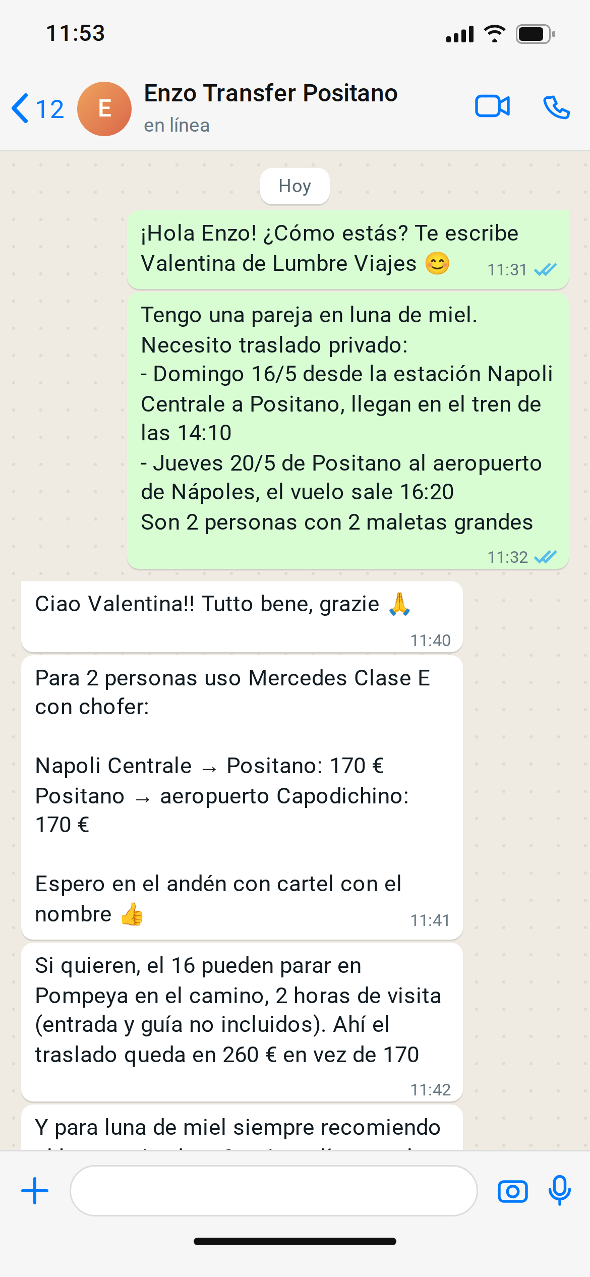 Captura de WhatsApp con cotización de traslados