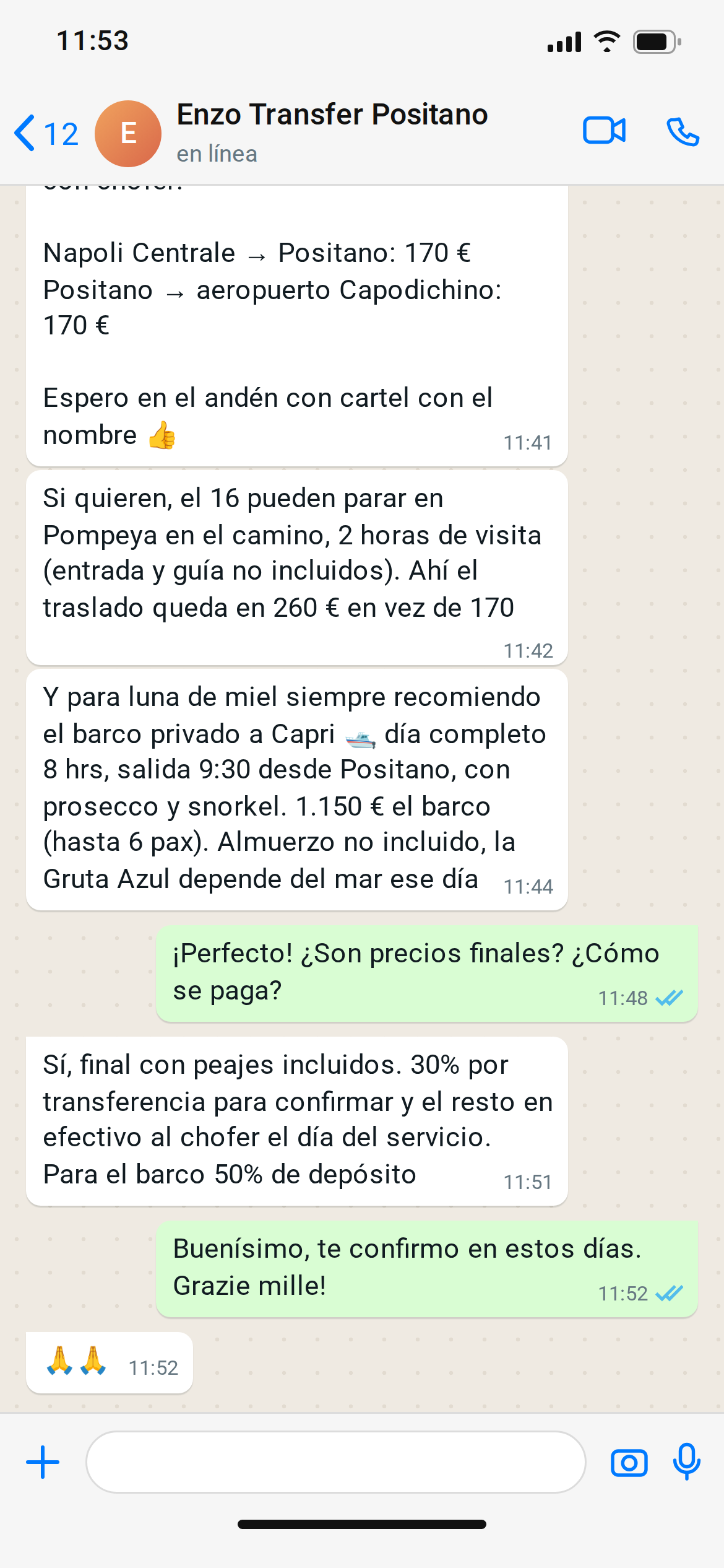 Segunda captura de WhatsApp con condiciones del traslado